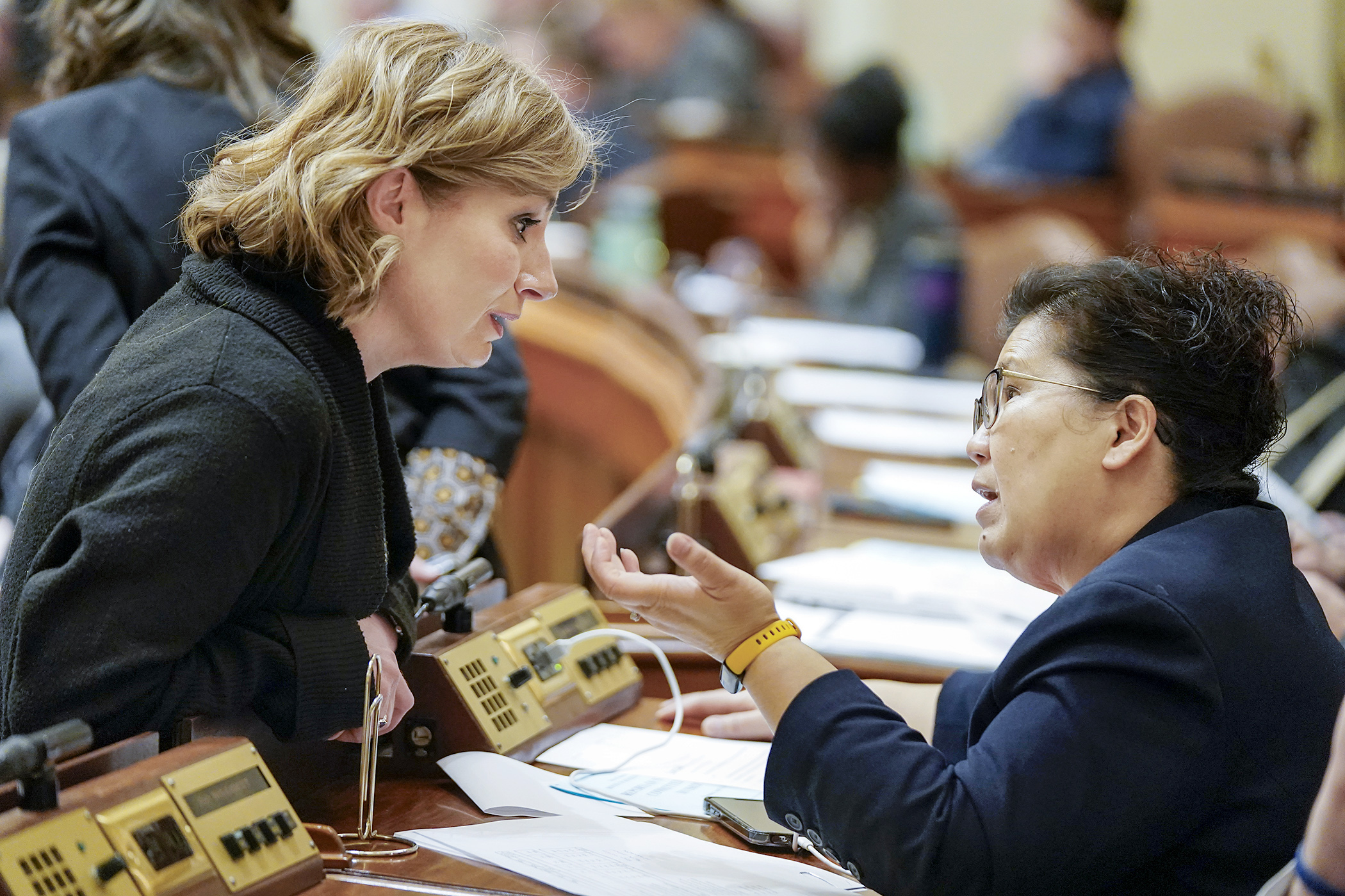 Rep. Mary Franson and Rep. Kaohly Vang Her discuss legislation during an April 3 floor session. (Photo by Michele Jokinen)